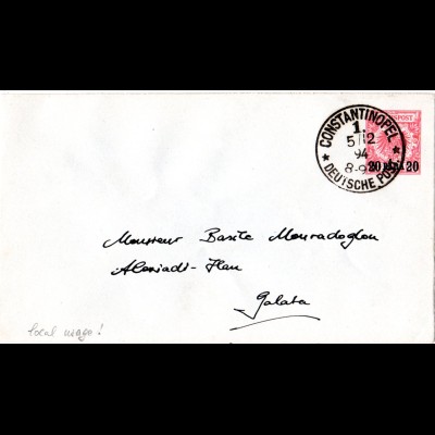 DP Türkei 1894, 20 P./10 Pf. Ganzsache Brief in Ortsverwendung v. Constantinopel