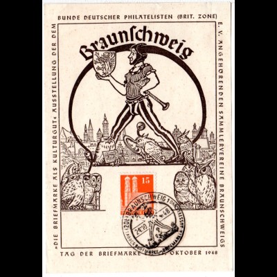 Tag der Briefmarke 1948, Braunschweig Ereigniskarte m. 15 Pf. u. Sonderstempel