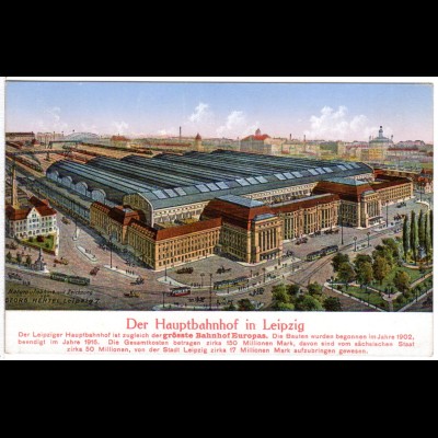 Leipzig Hauptbahnhof mit Trambahn, Pferde Fuhrwerken etc., ungebr. Farb-AK