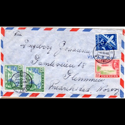 Curacao 1948, 4 Marken auf Luftpost Brief v. Willemstad n. Norwegen