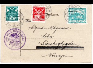 Tschechoslowakei 1920, 10+20+20 H. auf Karte v. TREBOVICE n. Norwegen