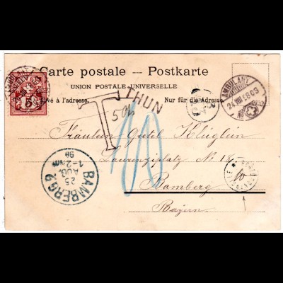 Schweiz 1898, 5 C. auf Karte m. L1 THUN u. "T" sowie Bayern PORTOKONTROLLE "10"