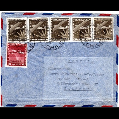 Chile 1956, 10+5x20 P. auf Luftpost Brief v. Concepcion n. Österreich