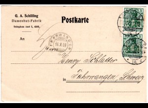 DR 1909, 2x5 Pf. Germania m. perfin Firmenlochung auf Firmen Karte v. Berlin S.