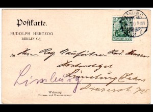 DR 1909, 5 Pf. Germania m. perfin Firmenlochung auf Firmen Karte v. Berlin C.