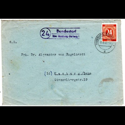 1946, Landpost Stpl. 24 BENDESTORF über Hamburg-Harburg auf Brief m. 24 Pf.