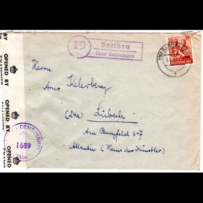 1947, Landpost Stpl. 19 SEETHEN über Gardelegen auf Zensur Brief m. 24 Pf.
