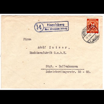 1947, Landpost Stpl. 14 NAGELSBERG über Künzelsau auf Brief m. 24 Pf.