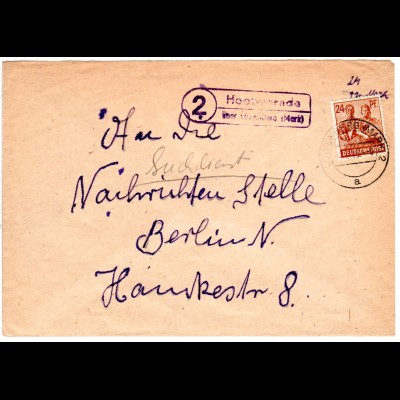 1948, Landpost Stpl. 2 HOPPENRADE über Löwenberg auf Suchdienst Brief m. 24 Pf.