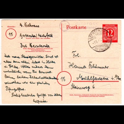 1946, Landpost Stpl. 15 GERTERODE über Bernterode auf 12 Pf. Ganzsache