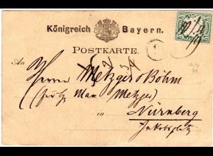 Bayern 1879, Postkarte v. Bayreuth m. 5 Pf. u. hds. Entwertung 10/4 79