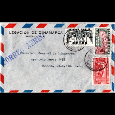 Mexiko 1937, 3 Marken auf Fuftpost Brief n. Bogota, Kolumbien