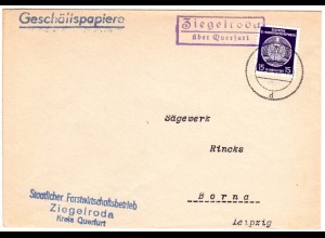 DDR 1956, Landpost Stpl. ZIEGELRODA über Querfurt auf Brief m. 15 Pf. Dienst