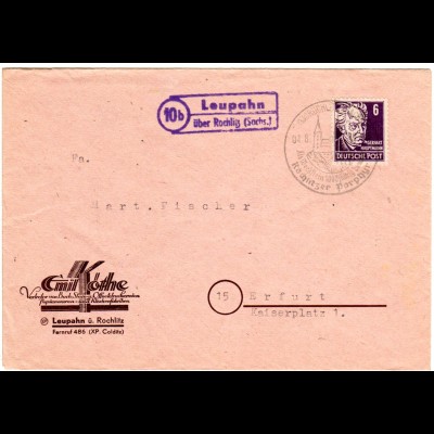 1949, Landpost Stpl. 10b LEUPAHN über Rochlitz auf Drucksache Brief m. 6 Pf. 