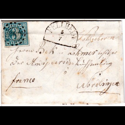 Bayern 1862, oMR 613 FELLHEIM auf Brief m. 3 Kr. n. Nördlingen.