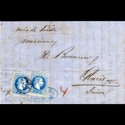 Österreichische Post i.d. Levante 1872, 2x10 S. auf Brief v. Smirne i.d Schweiz.