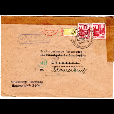 1949, Landpost Stpl. 14b ZUSSDORF über Ravensburg auf Brief m. 2x20 Pf.