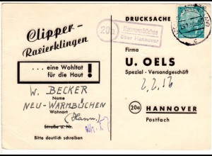 BRD 1956, Landpost Stpl. 20a NEUWARMBÜCHEN über Hannover auf Karte m. 7 Pf. 