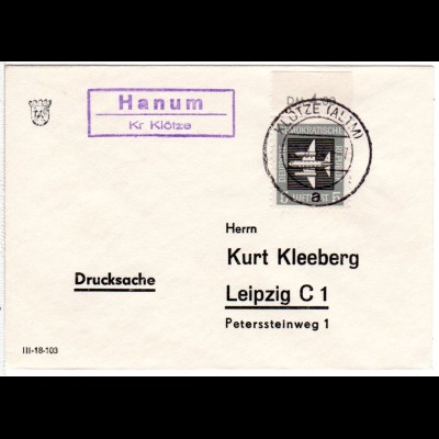 DDR 1964, Landpost Stpl. HANUM Kr. Klötze auf Drucksache Brief m. EF 5 Pf.