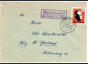 DDR 1957, Landpost Stpl. MANGELSDORF über Schönhausen auf Brief m. 20 Pf.