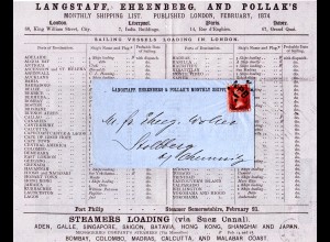 GB 1874, 1d auf Drucksache Pollack´s Monthly Shipping List v. London n. Sachsen