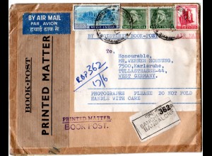 Indien 1968, 4 Marken auf Reko Book Post per Luftpost v. Bandhinagar i.d. BRD
