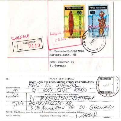 Papua Neu Guinea 1992, 60+90 t artifacts auf Einschreiben Brief v. Wardstrip