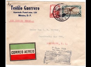 Mexiko 1929, 10+25 C. auf Erstflug Brief Mexico-Monterrey, Nuevo Laredo.