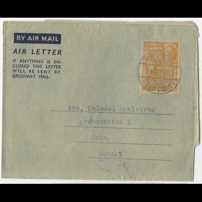 Gold Coast 1953, 6d Air Letter Ganzsache v. Begoro n. Norwegen #2447