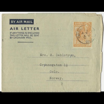 Gold Coast 1953, 6d Air Letter Ganzsache v. Swedru n. Norwegen. #2498