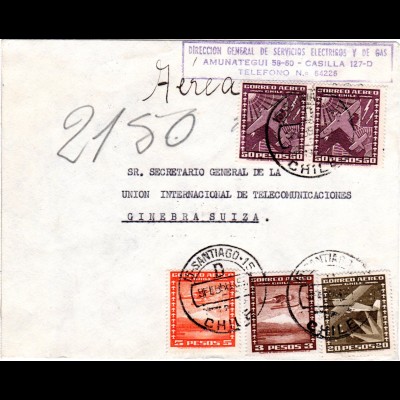 Chile 1956, 2x50+20+5+3 P. auf Luftpost Brief v. Santiago i.d. Schweiz.