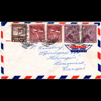 Chile 1955, 2x50+2x10+4 P. auf Luftpost Brief v. Antofagasta n. Dänemark