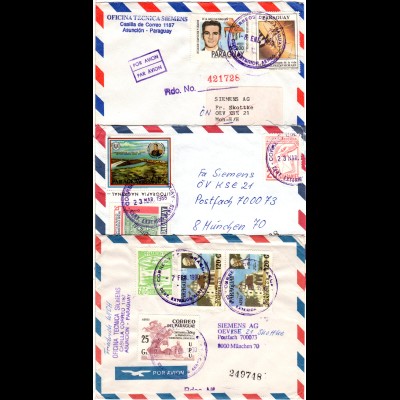 Paraguay 1988/92, 3 Siemens Luftpost Briefe n. Deutschland, dabei 2 Einschreiben