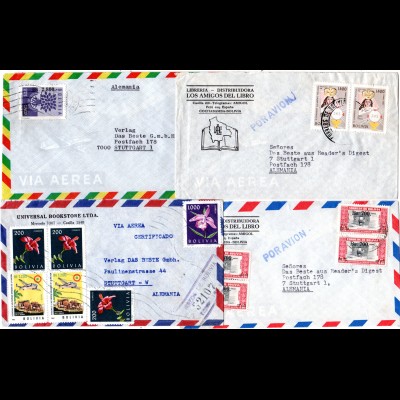 Bolivien 1962/67, 4 Luftpost Briefe n. Deutschland, dabei ein Einschreiben