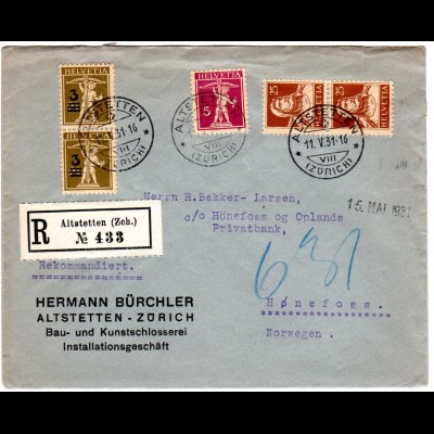 Schweiz 1931, 5 Marken auf Firmen Einschreiben Brief v. Altstetten n. Norwegen