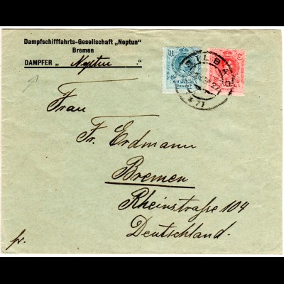 Spanien 1922, 10+30 C. auf Dampfer Neptun Schiffspost Brief v. Bilboa n. Bremen