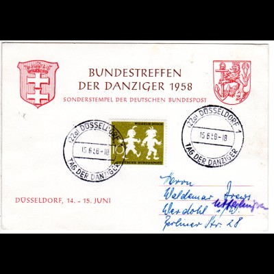 BRD 1958, BUNDESTREFFEN DER DANZIGER, Ereigniskarte m. Düsseldorf Sonderstempel