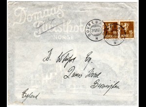 Norwegen 1935, 2x15 öre auf illustriertem Domaas Hotel Reklame Umschlag.