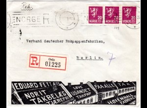 Norwegen 1927, 3x20 öre auf illustriertem Reklame Umschlag von Oslo n. Berlin.