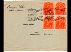 Ungarn 1926, 4er-Block 10 F. auf Brief m. Budapest Sonderstempel n. Norwegen