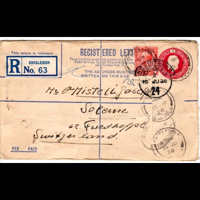 GB 1928, 1d Zusatzufr. auf 4 1/2d Reko-Ganzsache Brief v. Chisledon i.d. Schweiz
