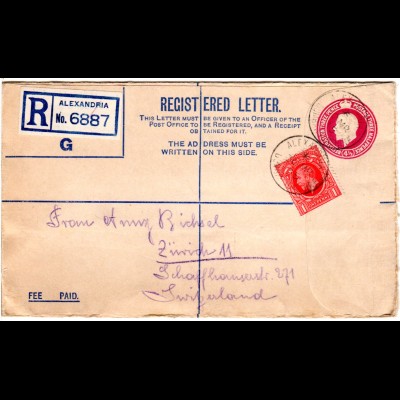 GB 1935, 1d Zusatzfr. auf 4 1/2d Reko-Ganzsache Brief v. Alexandria i.d. Schweiz