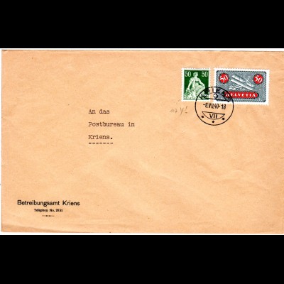 Schweiz 1940, 50 C. Kreidepapier zus. m. 50 C. Flugpost auf Amtsbrief v. Kriens.