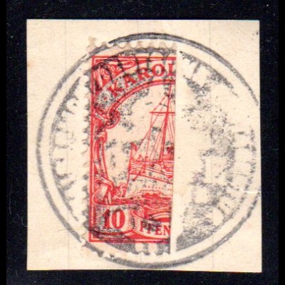 Karolinen 9 H, Hallbierung der 10 Pf. auf Briefstück m. PONAPE Dienstsiegel.