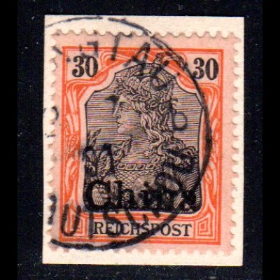 DP China, 30 Pf. auf Briefstück m. Kiautschou Stempel TSINGTAU 2/7/01
