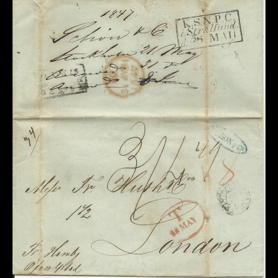 Schweden 1847, KSNPC Stralsund + Hamburg rs. auf Brief v. Stockholm n. GB. #1487