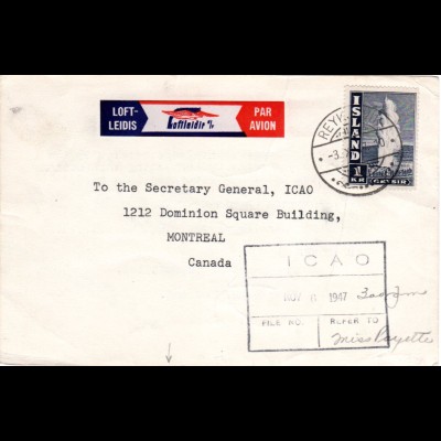 Island 1947, 1 Kr. on card to Canada with Loftleidir Air Mail label