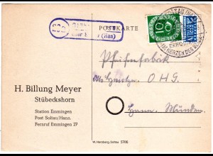 BRD 1952, Landpost Stpl. STÜBECKSHORN über Soltau auf Karte m. 10 Pf.