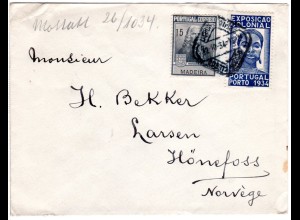 Portugal 1934, 15 C+1,60 E. auf Brief v. Lisboa n. Norwegen