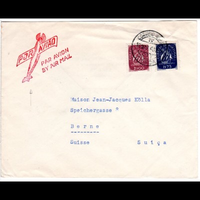 Portugal 1948, roter Luftpost Stpl. m. Flugzeug auf Brief v. Lisboa i.d. Schweiz